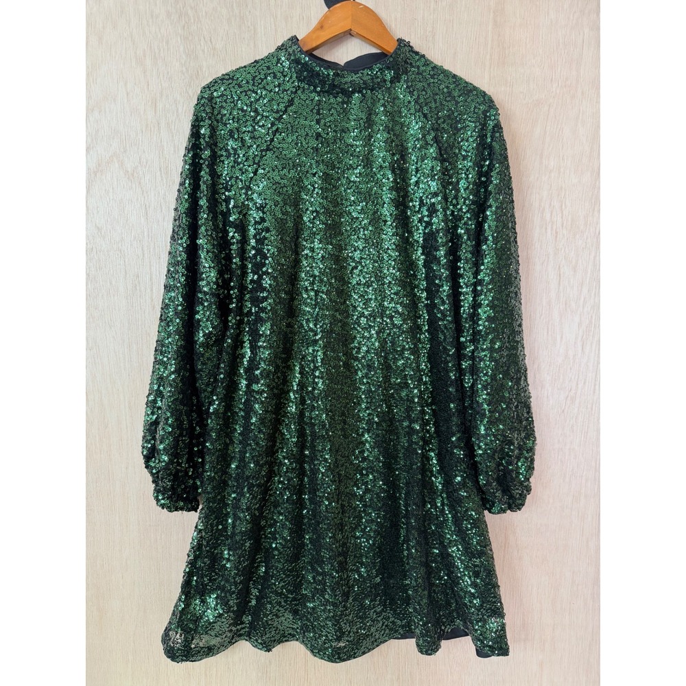 H&M Emerald Green Sequin Mini Dress High Neck Long Sleeve XL Holiday Party